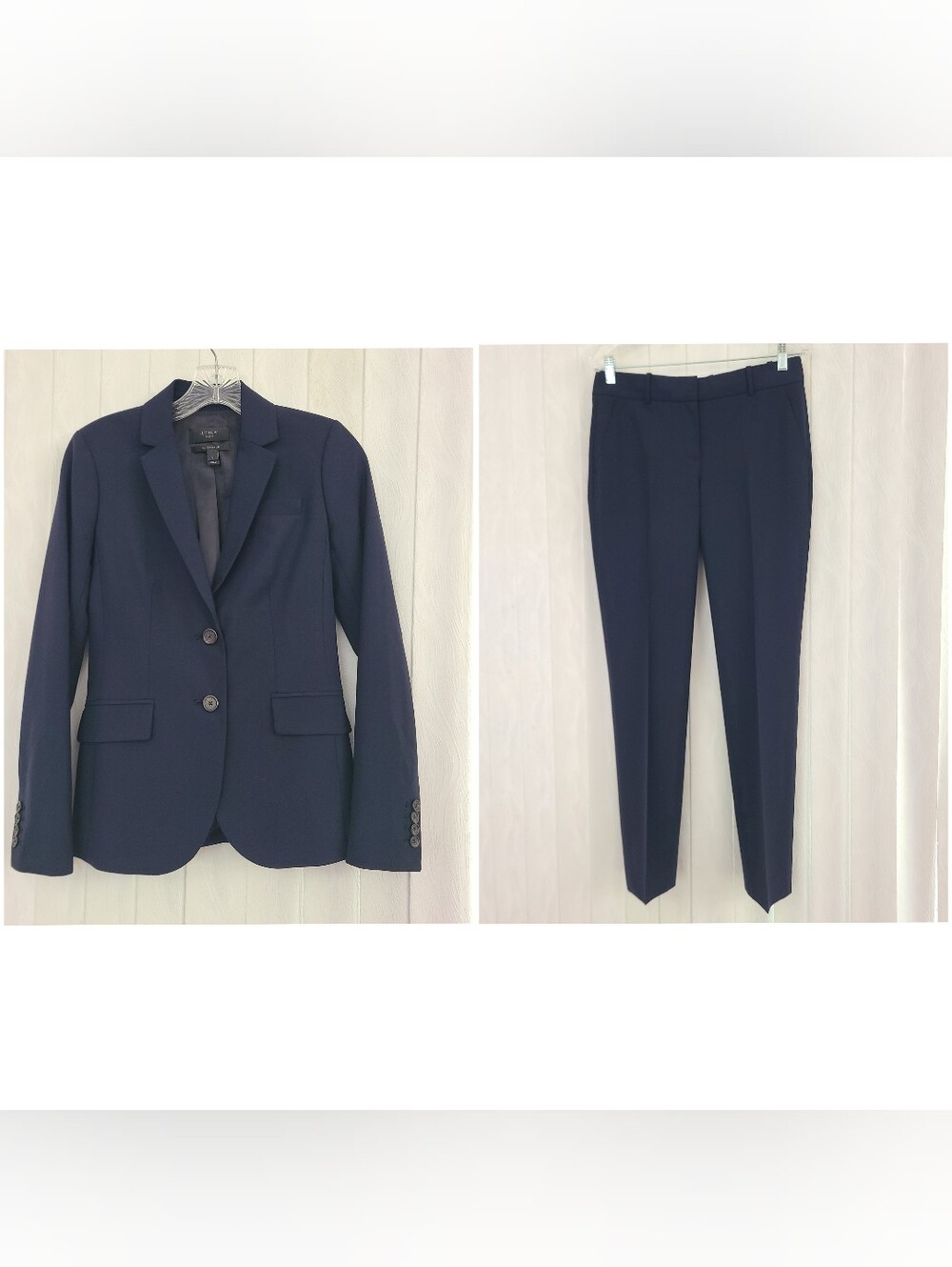 J.CREW Navy Bi-Stretch Wool Blend Button Career Minimalist Pant 2 Blazer 0 Suit